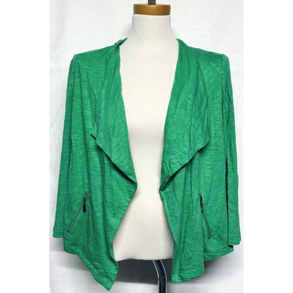 Chico's Knit Drape-Front Jacket Size 1 Zip Pockets 3/4 Slv Open Cardigan Green M